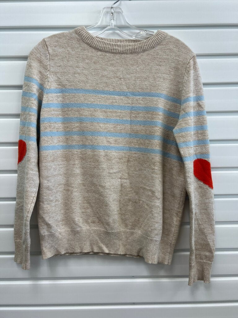 THML Oatmeal Blue Stripe Heart Elbow Patch Crew Neck Sweater S