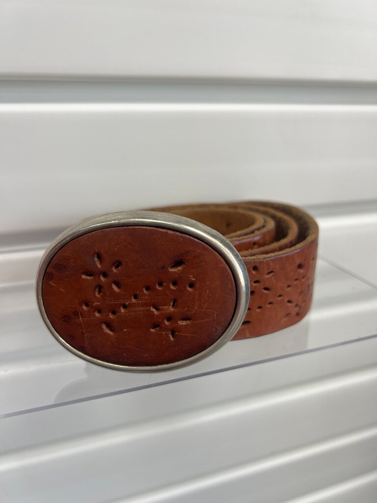 Cognac Leather Punched Floral Boho Belt Oval Leather Inset Buckle