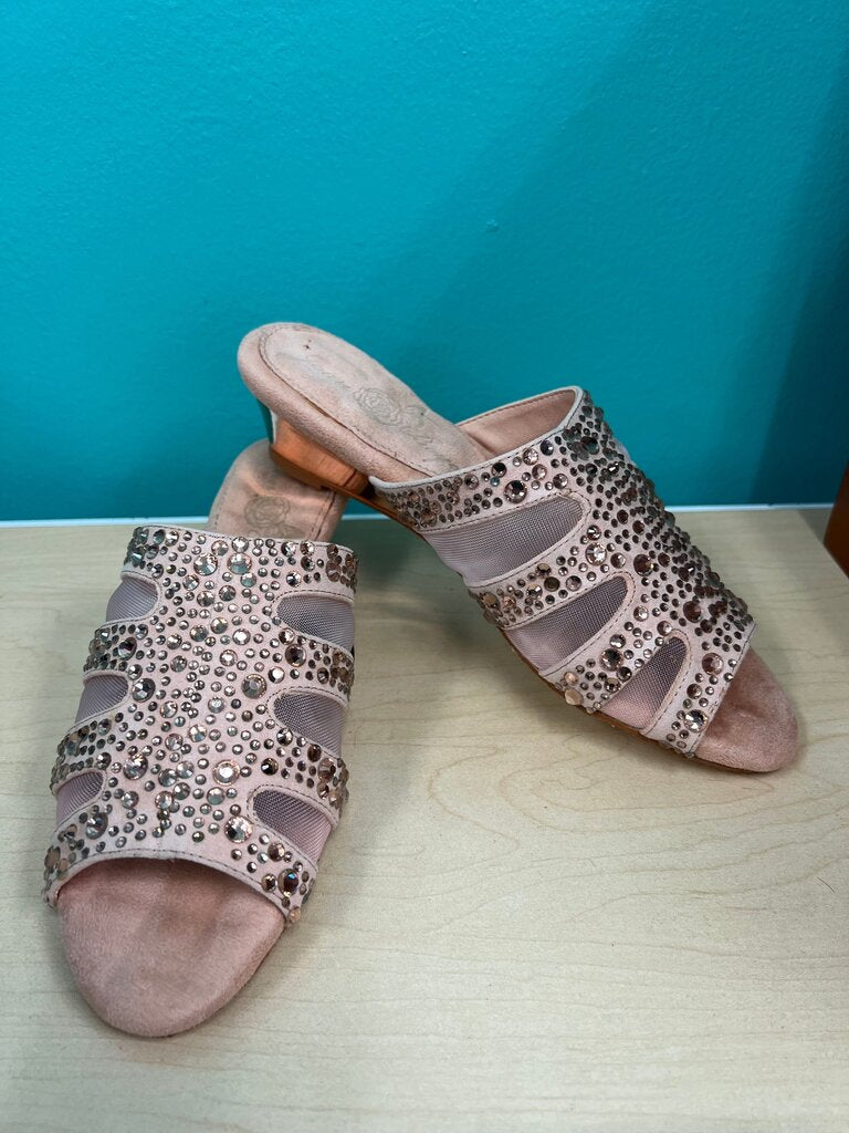 Joan Boyce Blush Pink Rhinestone Mesh Low Heel Slide Sandals 7.5