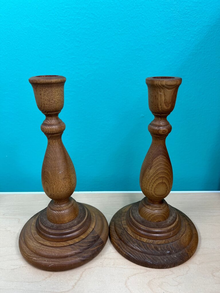 Pair Vintage Turned Wood Oak Candlesticks Taper Holders 8 Inch