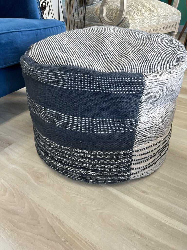 Large Round Woven Stripe Pouf Ottoman Navy Cream 24x16"h