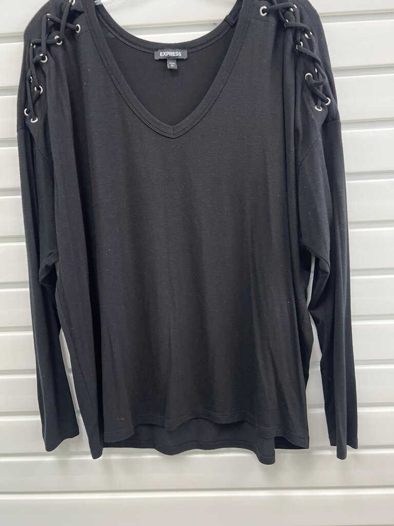 Express Black Lace Up Shoulder V Neck Long Sleeve Top Size L