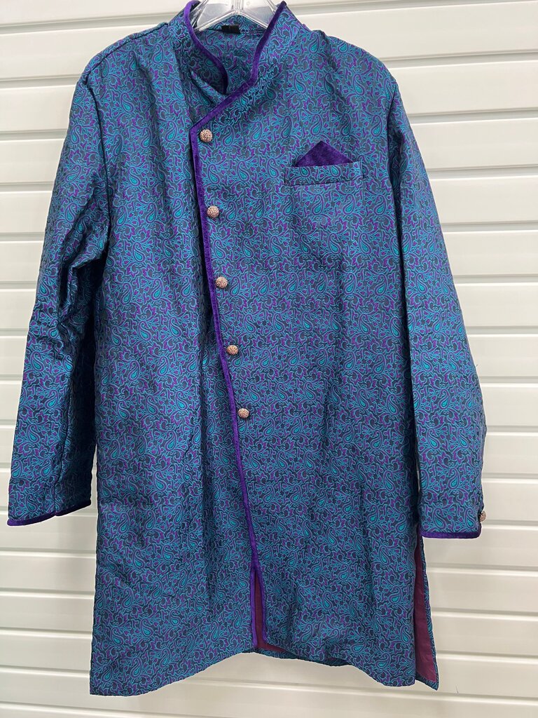 Mens Teal Purple Paisley Brocade Sherwani Kurta Jacket Velvet Trim