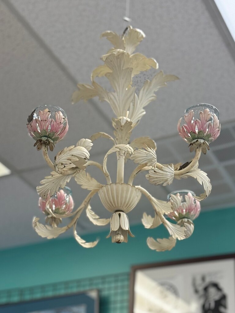 Vintage Four-Arm Floral Toleware Chandelier – Cream Painted Metal with Glass Votive Holders