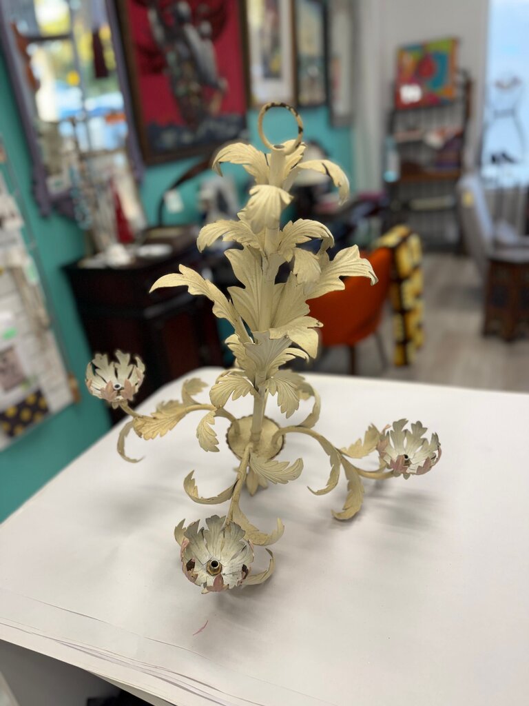 Vintage Four-Arm Floral Toleware Chandelier – Cream Painted Metal with Glass Votive Holders