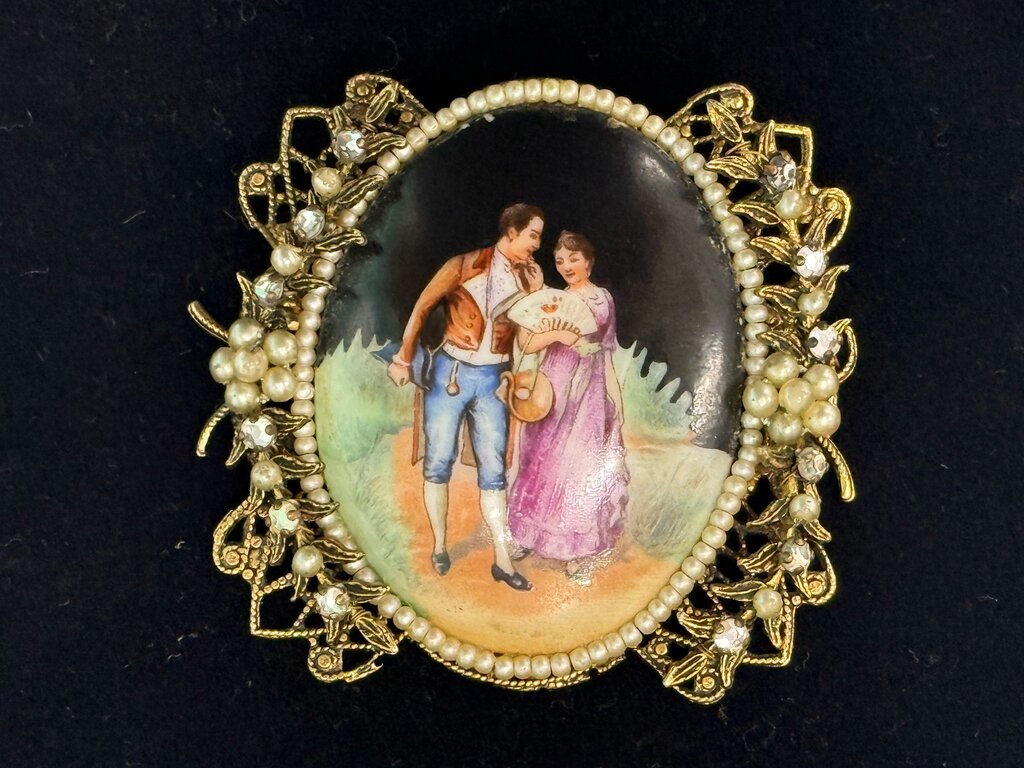Vintage Hand-Painted Brooch with Pearl Accents